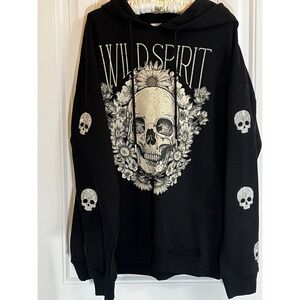 Wild Spirit Jr 11-13 Hoodie Black Beige Skeleton Graphic Silver Glitter Stud New